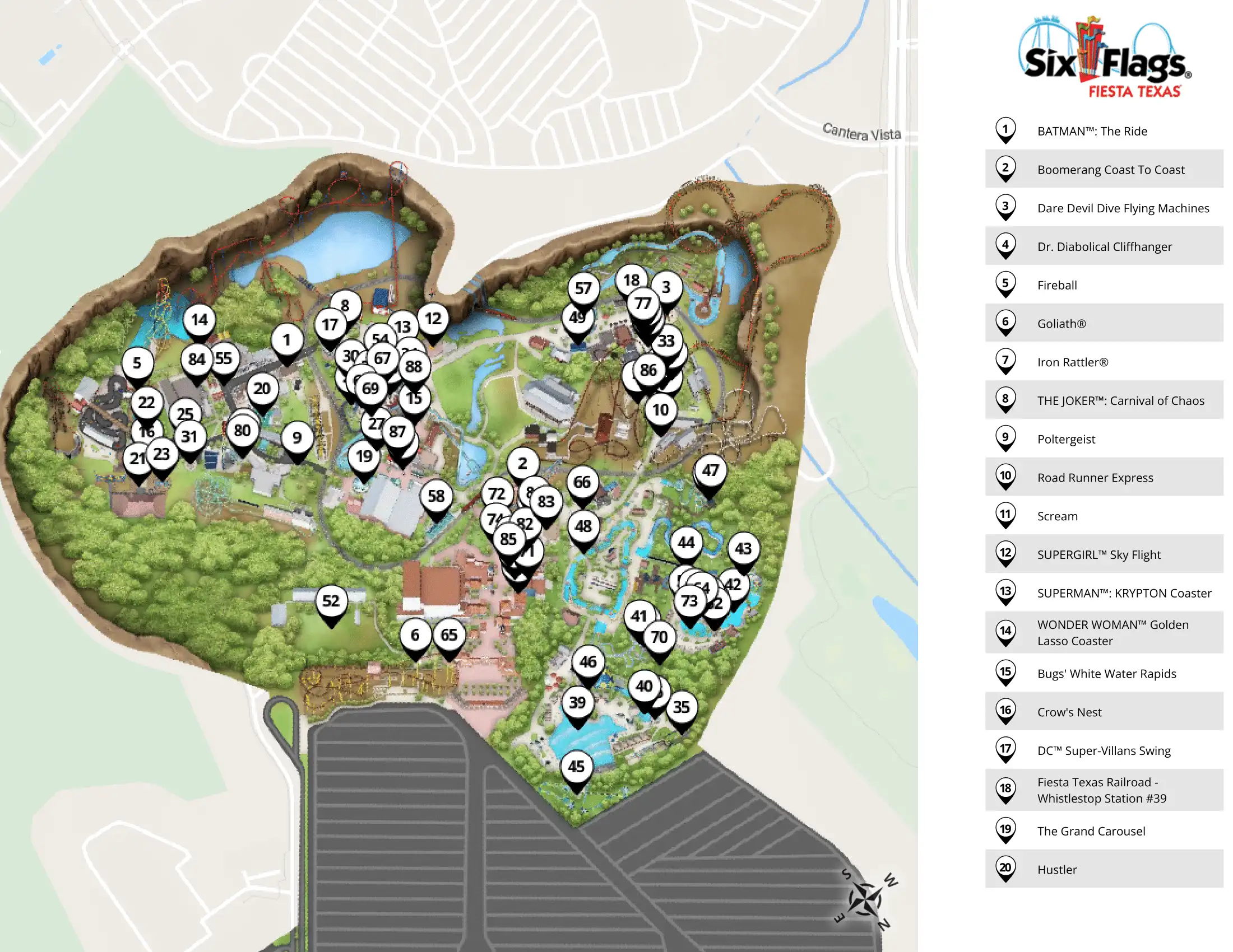 Six Flags Fiesta Texas illustrated park map